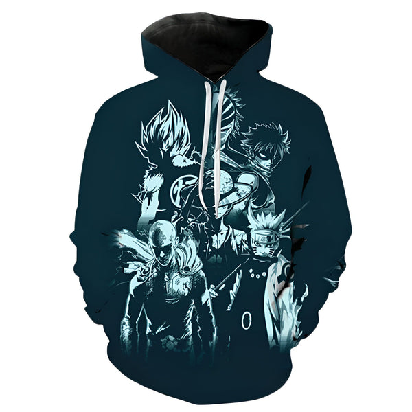 Sweat-shirt à capuche bleu foncé avec un imprimé de personnages d'anime en silhouette bleue, notamment Goku, Saitama, Naruto, Luffy et Sasuke. Un excellent choix pour les fans de manga !