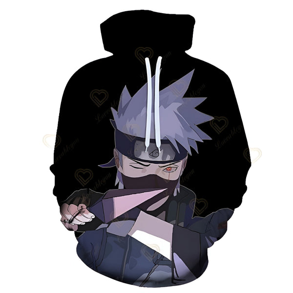 Sweat-shirt à capuche noir avec une illustration de Kakashi Hatake, un personnage de l'anime Naruto, portant son bandeau et son masque.