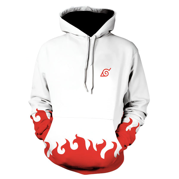 Sweat à capuche blanc avec le symbole du village de Konoha et des flammes rouges sur les manches et le bas.