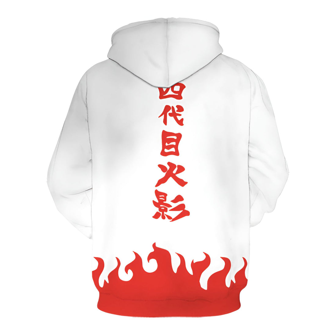 Sweat-shirt à capuche blanc avec le kanji "Akatsuki" en rouge sur le dos, représentant l'organisation d'Akatsuki de l'anime Naruto.