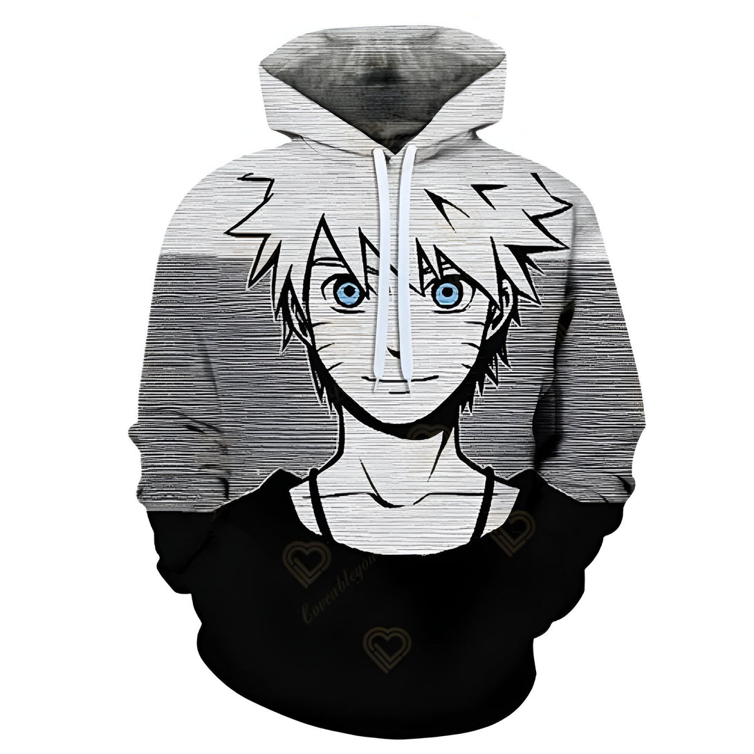 Sweat-shirt à capuche noir avec un imprimé de Naruto, le personnage principal de l'anime Naruto. Le sweat-shirt présente un design à double face avec Naruto sur le devant et un motif à rayures sur le dos.