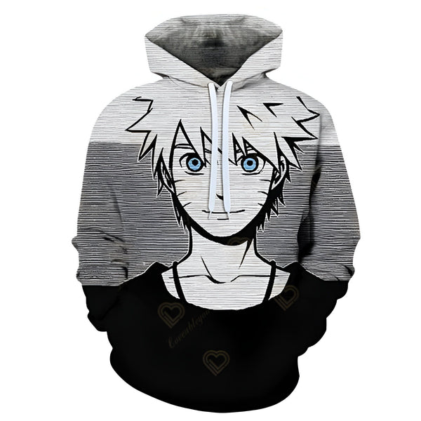Sweat-shirt à capuche noir avec un imprimé de Naruto, le personnage principal de l'anime Naruto. Le sweat-shirt présente un design à double face avec Naruto sur le devant et un motif à rayures sur le dos.