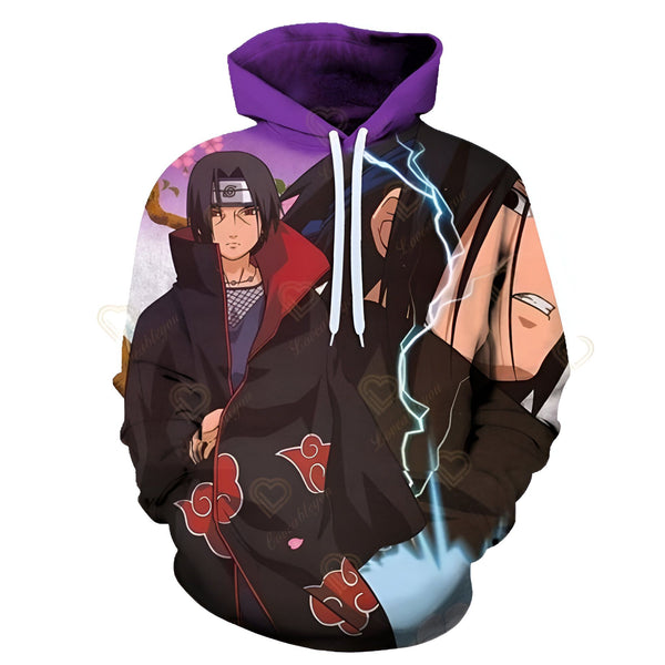 Sweat-shirt à capuche Naruto avec un imprimé de Sasuke et Itachi Uchiha. L'image montre les deux frères avec leurs tenues caractéristiques et des éclairs en arrière-plan.  Le sweat-shirt est violet et noir.