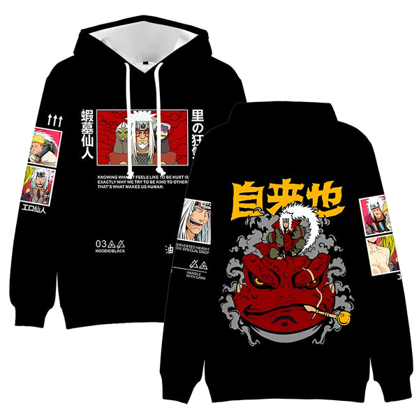 Sweat-shirt à capuche noir avec imprimé Naruto. Le sweat-shirt représente le personnage de Jiraiya assis sur sa grenouille invoquée, Gamabunta. On peut voir sur le sweat-shirt des citations et des dessins des personnages de Naruto.