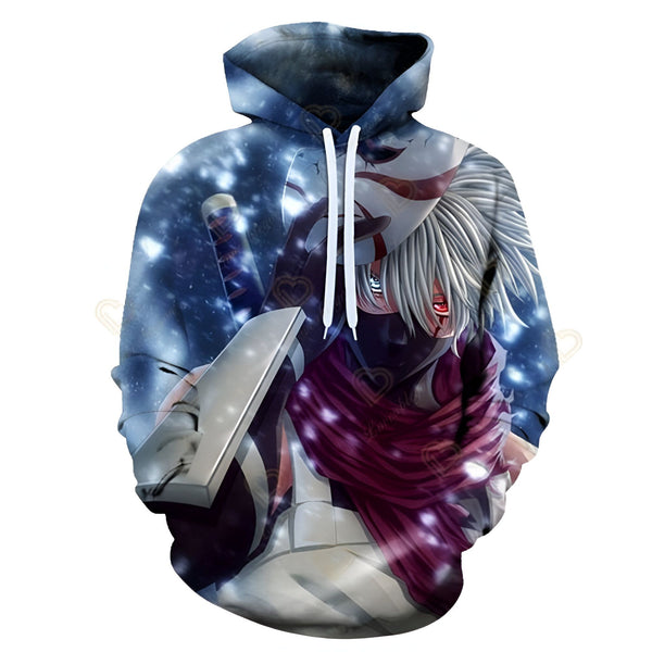 Sweat-shirt à capuche Naruto avec un imprimé de Kakashi Hatake portant son masque et tenant un katana. Le sweat-shirt est bleu foncé avec des flocons de neige.