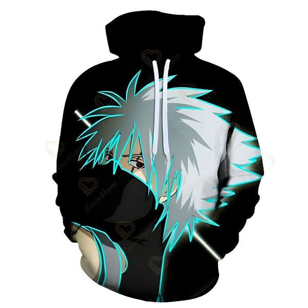 Sweat à capuche noir avec un imprimé de Kakashi Hatake, un personnage de l'anime Naruto.  Il porte un bandeau sur les yeux et son célèbre masque.