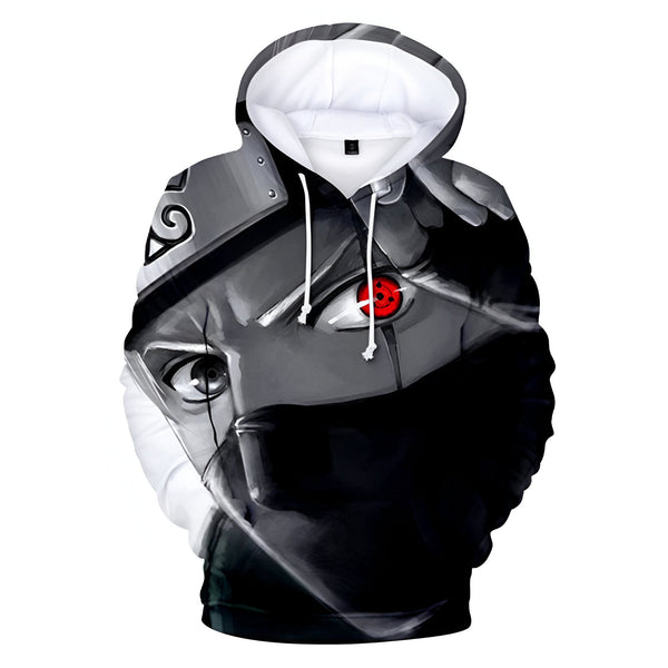 Sweat à capuche Naruto avec un imprimé de Kakashi Hatake, un personnage populaire de l'anime, avec son Sharingan rouge et son masque.