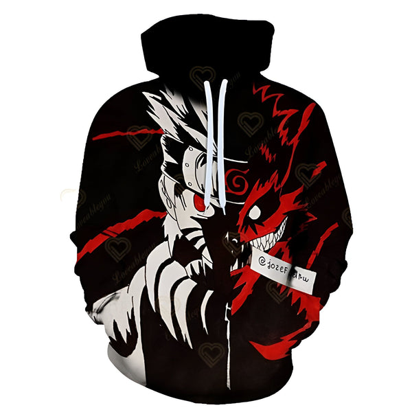 Sweat à capuche Naruto avec un imprimé en 3D de Naruto Uzumaki et Kurama le démon renard à neuf queues. Le sweat à capuche est noir avec des détails rouges et blancs. Il a une capuche et une poche kangourou.