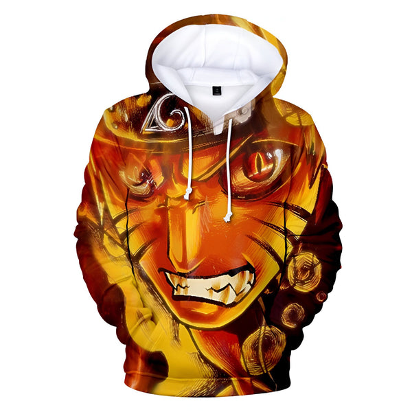 Sweat à capuche Naruto avec un motif imprimé de Naruto en mode Kyubi. Le sweat à capuche est jaune et orange avec des détails noirs. Il est parfait pour les fans de Naruto.