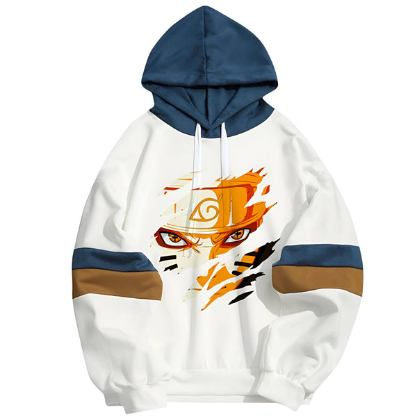 Sweat-shirt à capuche blanc avec un imprimé de Naruto Uzumaki. Le sweat-shirt est de couleur blanche avec des bandes bleues et brunes sur les manches. Le visage de Naruto est imprimé sur le devant du sweat-shirt, avec ses yeux rouges et son bandeau orange. Le sweat-shirt est parfait pour les fans de Naruto.