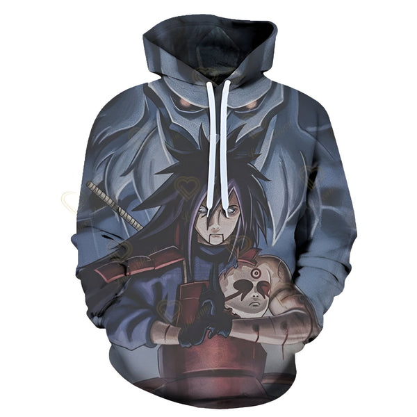 Sweat à capuche Naruto avec un imprimé de Madara Uchiwa, l'un des personnages principaux de la série. Madara est représenté avec ses Sharingan, un œil rouge unique qui lui donne des pouvoirs exceptionnels. Le sweat à capuche est parfait pour les fans de Naruto qui souhaitent afficher leur amour de l'anime.