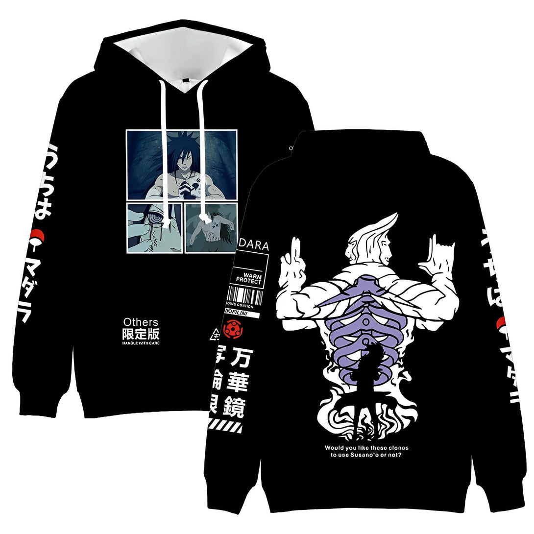 Sweat-shirt noir à capuche avec impression 3D représentant le personnage de manga Naruto, Pain, avec ses différents corps.