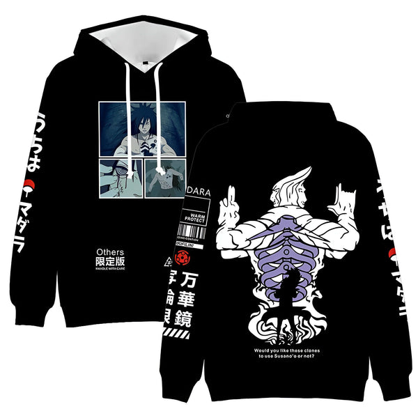 Sweat-shirt noir à capuche avec impression 3D représentant le personnage de manga Naruto, Pain, avec ses différents corps.