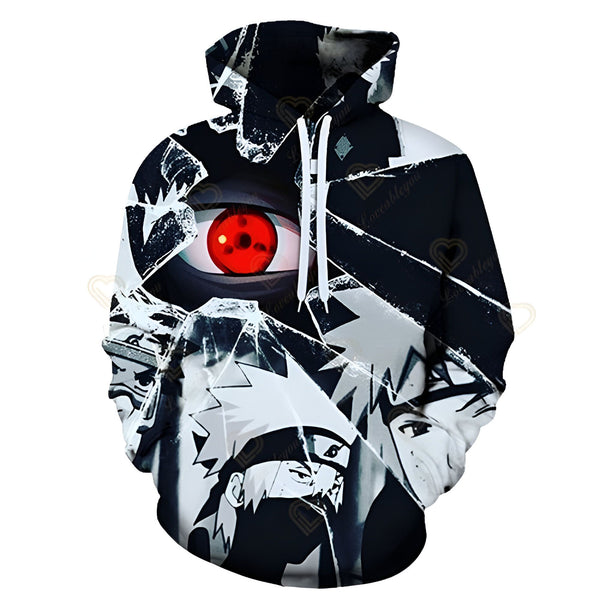 Sweat à capuche Naruto avec un motif de l'œil de Sharingan de Kakashi Hatake et du visage de Naruto Uzumaki, cassé en morceaux de verre. Un vêtement parfait pour les fans de l'anime.