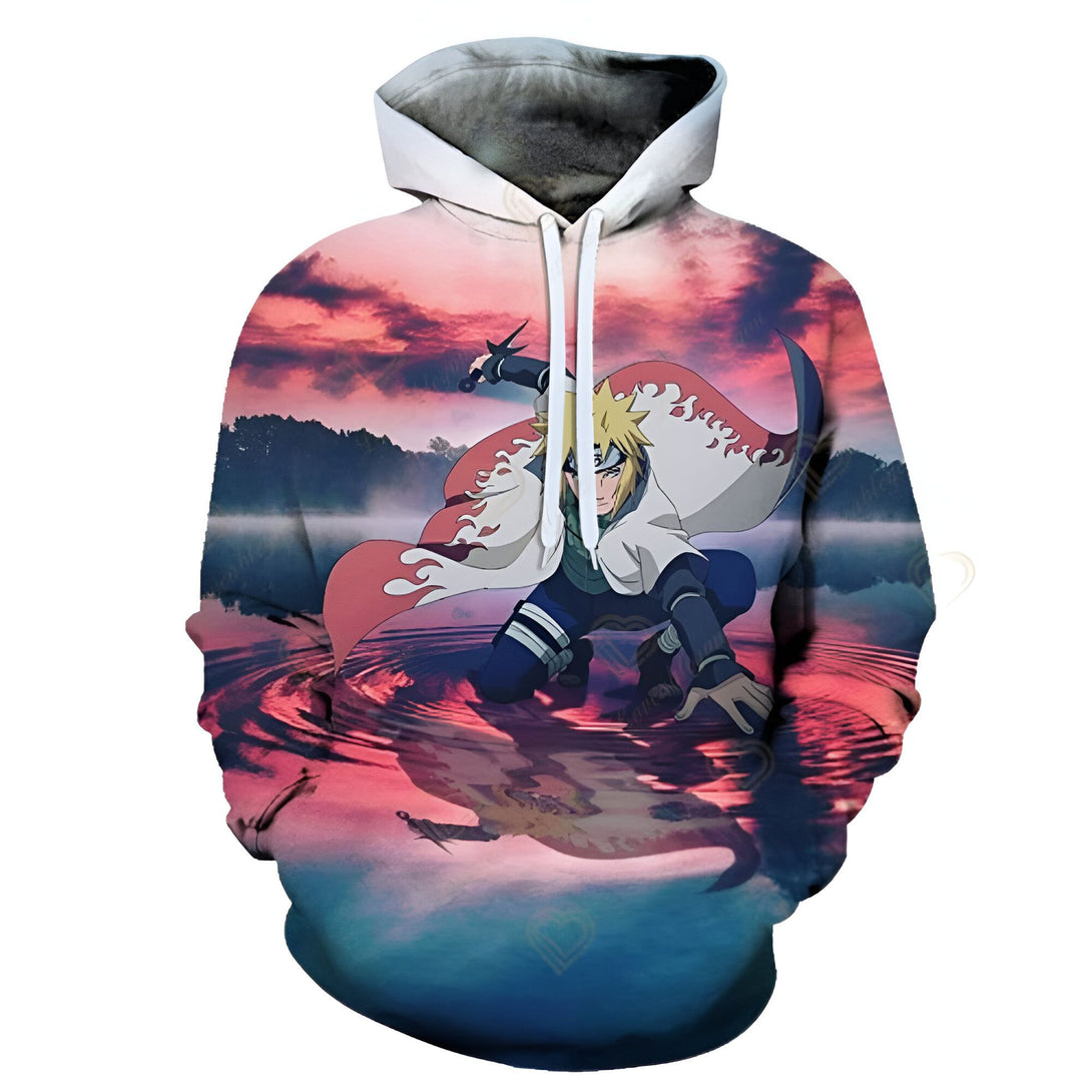 Sweat-shirt à capuche Naruto avec un imprimé de Minato Namikaze, le quatrième Hokage, sur un fond de coucher de soleil et d'eau. Il porte son célèbre manteau blanc et son bandana.