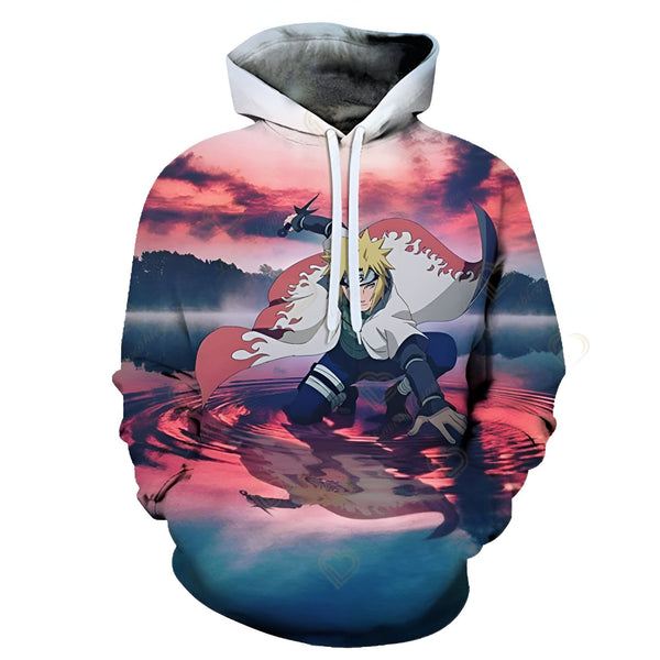 Sweat-shirt à capuche Naruto avec un imprimé de Minato Namikaze, le quatrième Hokage, sur un fond de coucher de soleil et d'eau. Il porte son célèbre manteau blanc et son bandana.