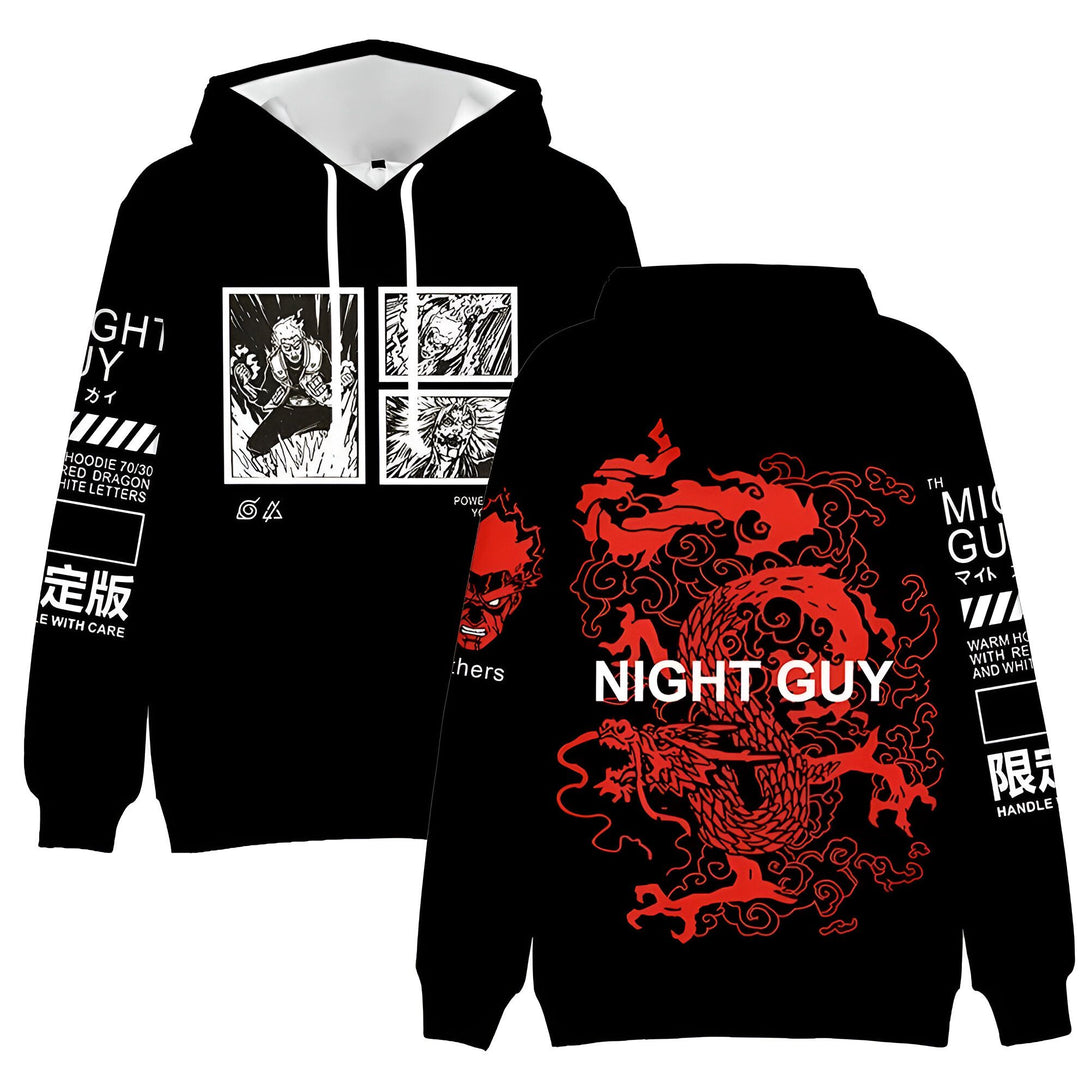 Sweat-shirt à capuche noir avec impression "Night Guy" et un dragon rouge, ainsi que des images de personnages de l'anime Naruto.  Le sweat-shirt est en vente dans notre boutique de produits Naruto.