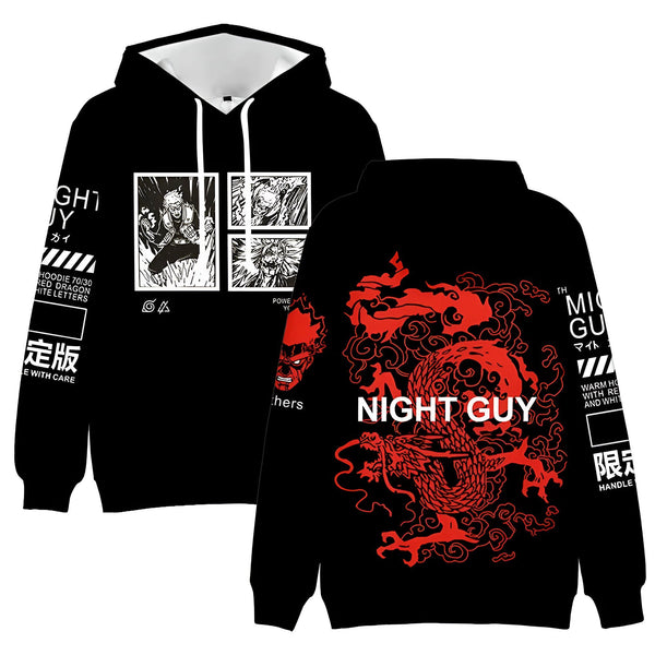 Sweat-shirt à capuche noir avec impression "Night Guy" et un dragon rouge, ainsi que des images de personnages de l'anime Naruto.  Le sweat-shirt est en vente dans notre boutique de produits Naruto.