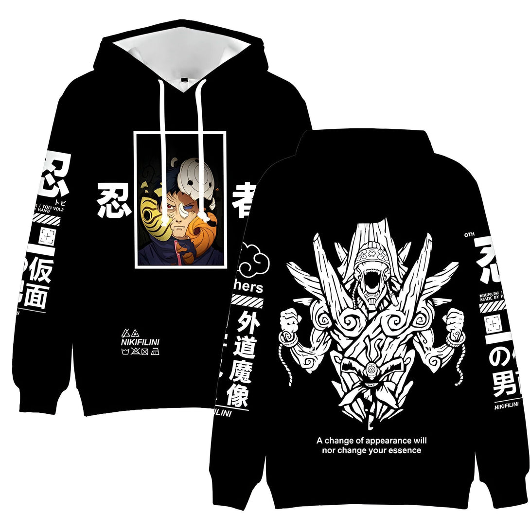 Sweat-shirt à capuche noir avec impression de personnages Naruto, Obito Uchiha et Madara Uchiha, avec texte "A change of appearance will nor change your essence".