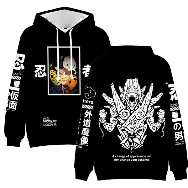 Sweat-shirt à capuche noir avec impression de personnages Naruto, Obito Uchiha et Madara Uchiha, avec texte "A change of appearance will nor change your essence".