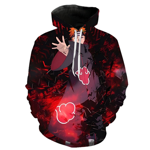 Sweat à capuche Naruto avec un motif imprimé de Pain, un personnage de l'anime Naruto, sur un fond rouge et noir.