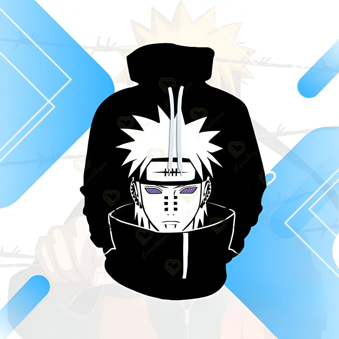 Sweat-shirt à capuche noir avec l'image de Pain, un personnage de l'anime Naruto, sur le devant.