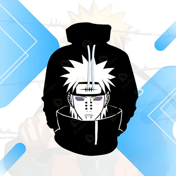 Sweat-shirt à capuche noir avec l'image de Pain, un personnage de l'anime Naruto, sur le devant.