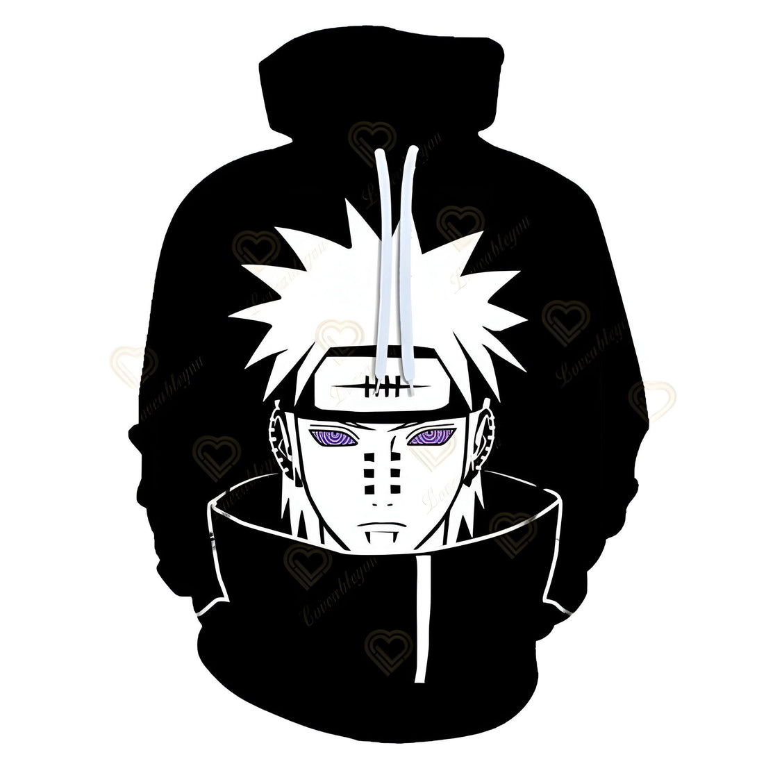 Sweat-shirt à capuche noir avec l'impression du personnage Pain de l'anime Naruto.
