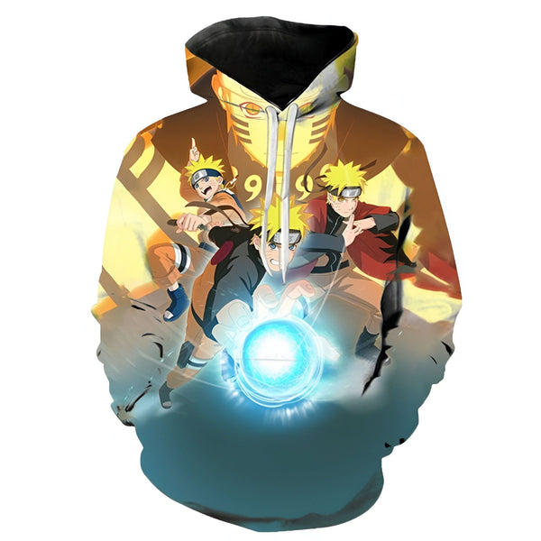 Sweat à capuche Naruto avec un imprimé de Naruto, Sasuke et Kakashi utilisant le Rasengan.  Un design idéal pour les fans de Naruto.