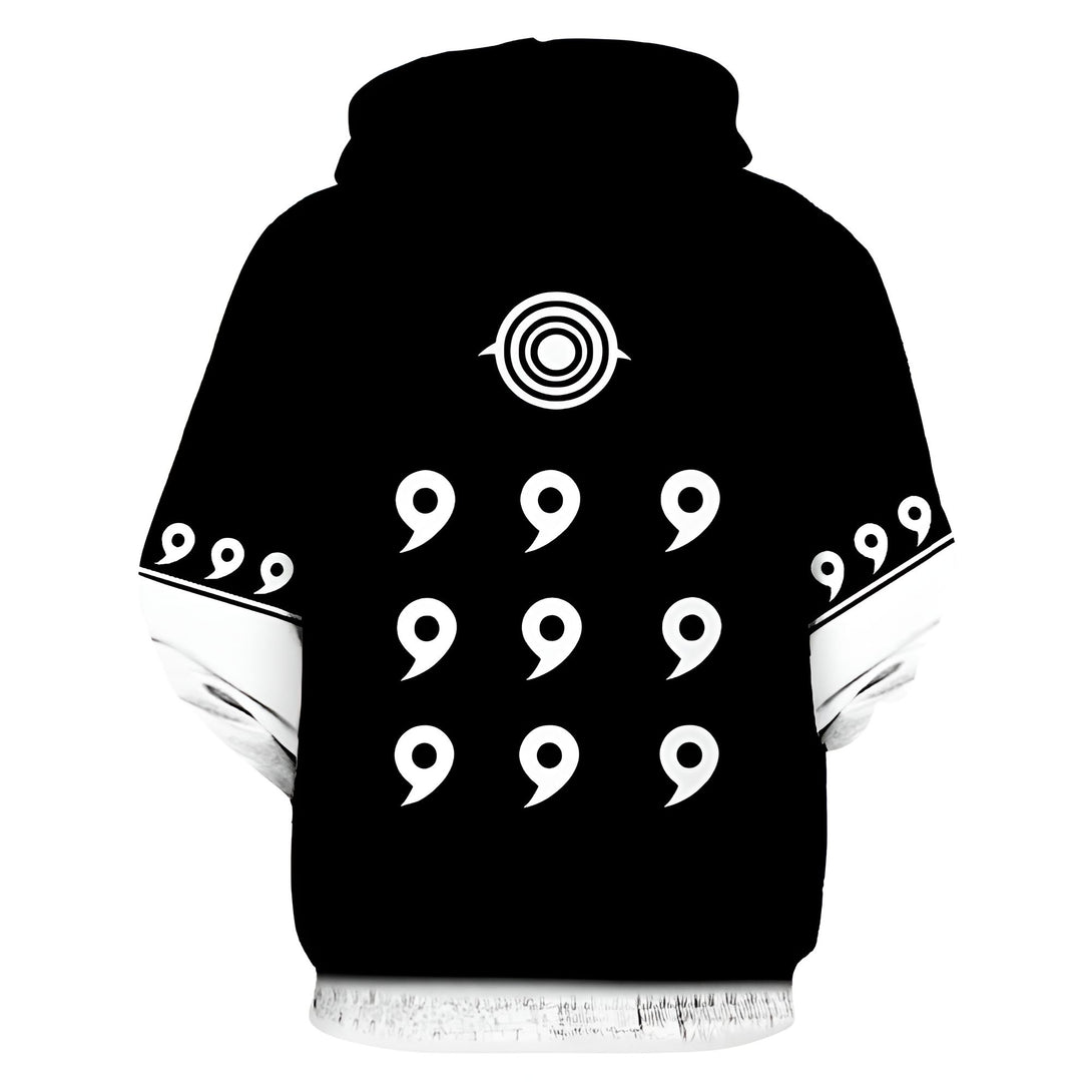 Sweat-shirt à capuche noir avec l'emblème du Rinnegan et le symbole du Sharingan sur le devant.