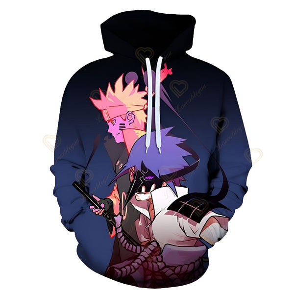 Sweat-shirt à capuche Naruto avec impression intégrale représentant Naruto et Sasuke en train de se battre. Le sweat-shirt est bleu foncé avec des accents de noir et de violet.