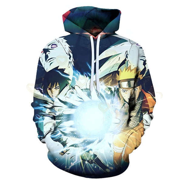 Sweat-shirt à capuche avec un imprimé de Naruto, Sasuke, Kakashi et Sakura, en train de lancer une technique de combat.