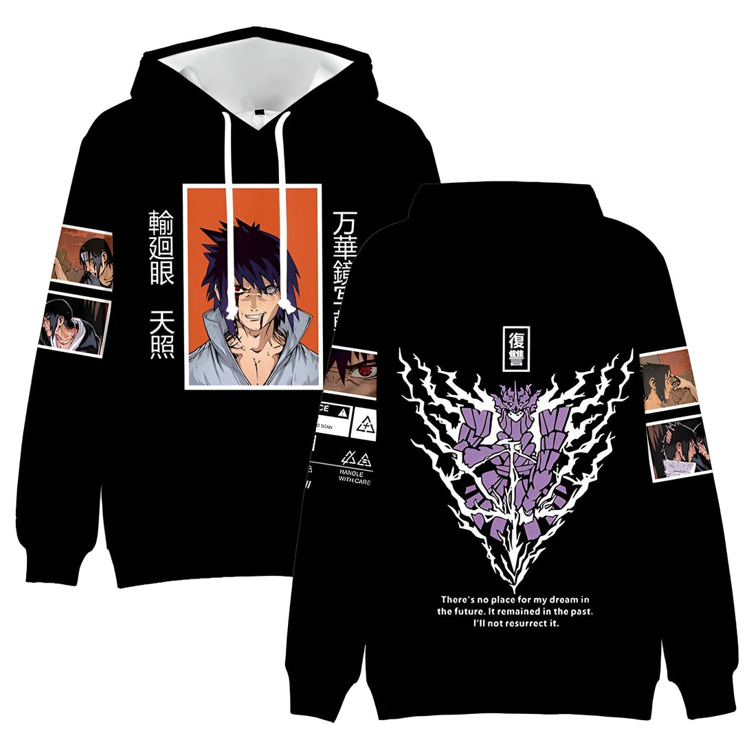 Sweat à capuche noir avec des illustrations de personnages d'anime Naruto, dont Sasuke Uchiha, sur le devant et le dos. Le sweat-shirt présente également des caractères japonais et le texte "There's no place for my dream in the future. It remained in the past. I'll not resurrect it."