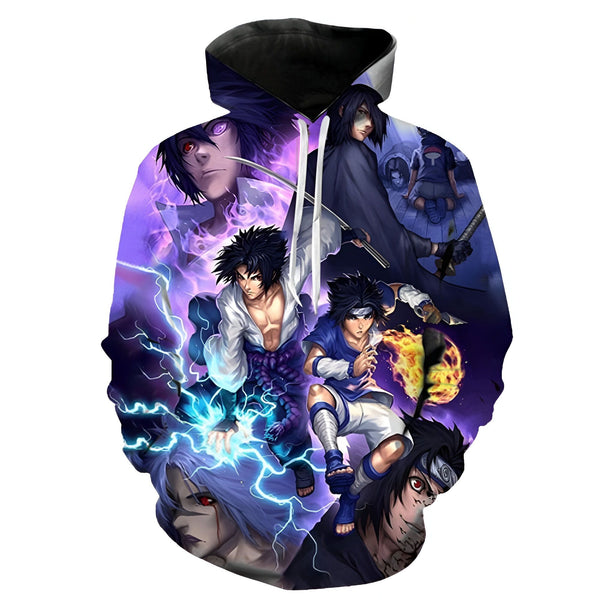 Sweat à capuche Naruto avec un design imprimé de personnages de l'anime, y compris Naruto, Sasuke, Kakashi et d'autres. Le sweat à capuche est à capuche, avec des manches longues et une fermeture éclair. Il est parfait pour les fans de Naruto.