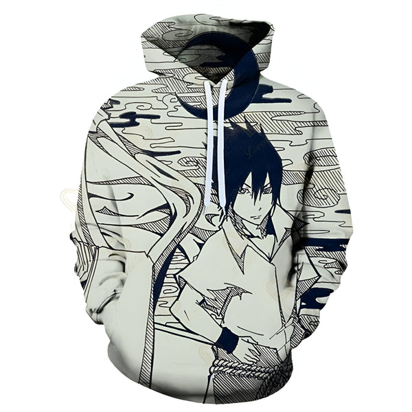 Sweat à capuche Naruto avec un imprimé de Sasuke, un personnage populaire de l'anime Naruto. L'impression présente Sasuke avec ses traits distinctifs et des détails complexes de style manga. Le sweat à capuche est parfait pour les fans de Naruto et de Sasuke.