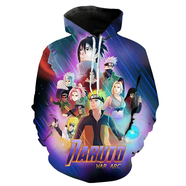 Sweat à capuche Naruto avec un imprimé de personnages du manga, y compris Naruto, Sasuke, Kakashi et Sakura. Le design présente un fond de guerre avec l'inscription "Naruto War Arc".