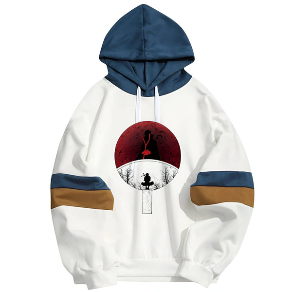 Sweat-shirt à capuche blanc avec un motif de l'anime Naruto, le Sharingan, et un personnage assis sur le devant. Les manches sont bicolores, bleu marine et beige.