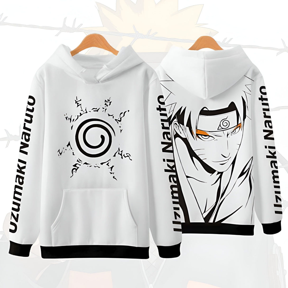 Sweat-shirt blanc à capuche avec l'emblème de Naruto Uzumaki sur le devant et un portrait de Naruto sur le dos. Le sweat-shirt porte l'inscription "Uzumaki Naruto" sur les manches.