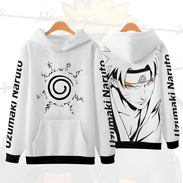 Sweat-shirt blanc à capuche avec l'emblème de Naruto Uzumaki sur le devant et un portrait de Naruto sur le dos. Le sweat-shirt porte l'inscription "Uzumaki Naruto" sur les manches.