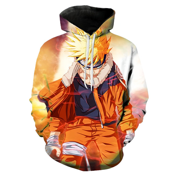 Sweat-shirt à capuche Naruto avec un imprimé de Naruto Uzumaki en action avec des effets de feu et de fumée derrière lui.