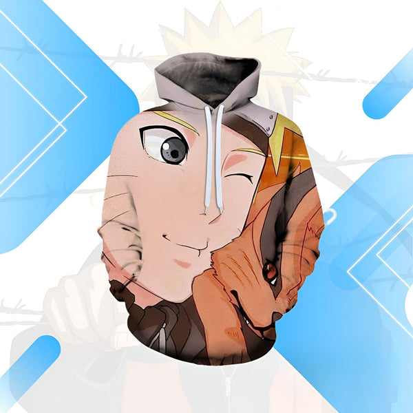 Sweat à capuche Naruto avec l'image de Naruto et Kurama, le renard à neuf queues.