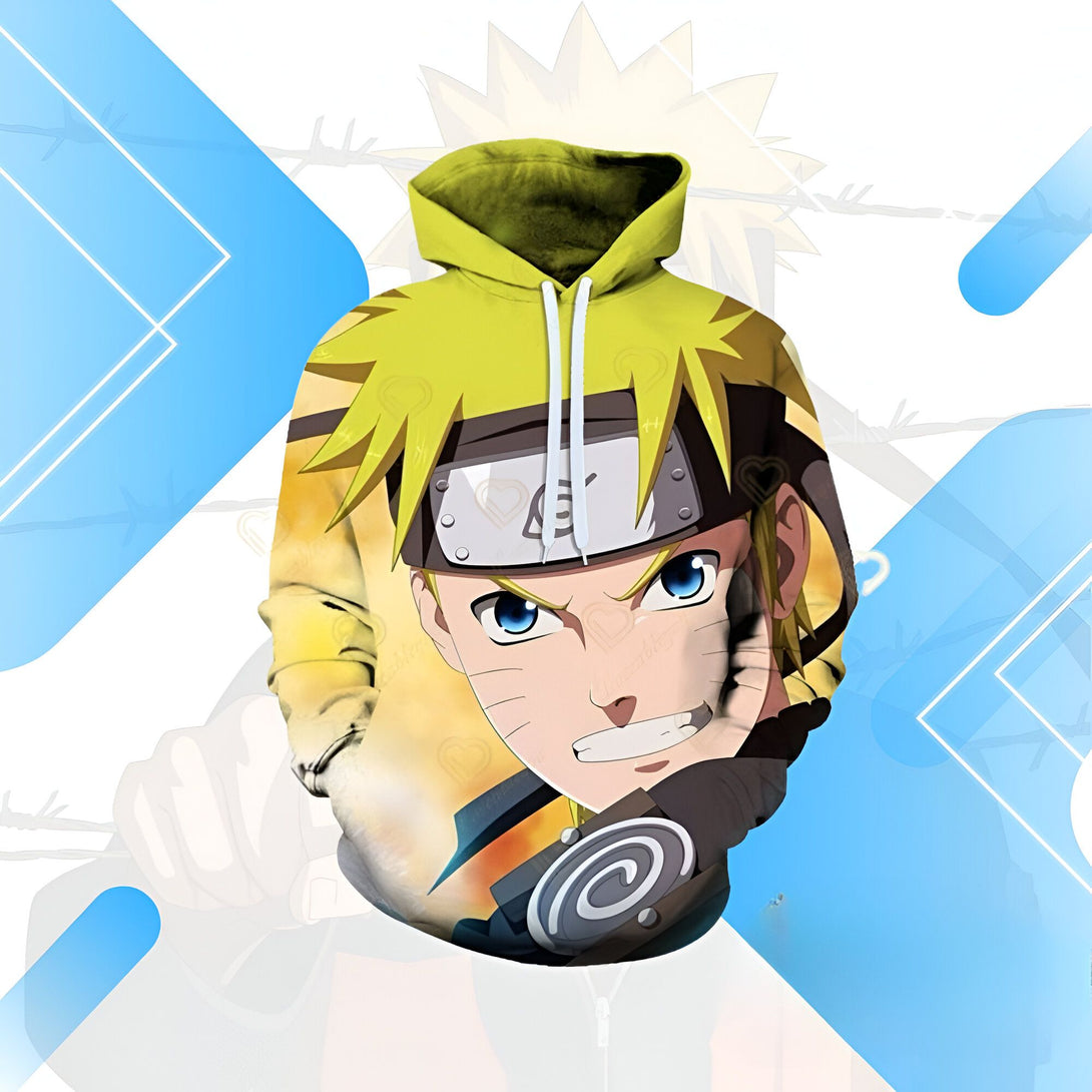 Sweat-shirt à capuche Naruto avec l'image de Naruto Uzumaki en gros plan. Le sweat-shirt est jaune et présente un imprimé de Naruto avec son bandeau frontal et son emblème.