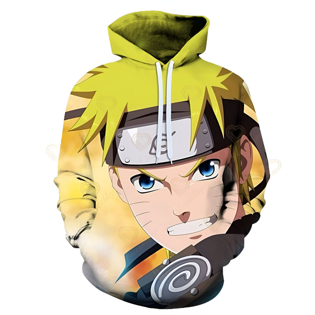Sweat à capuche Naruto avec un imprimé en 3D du visage de Naruto Uzumaki, portant son bandeau frontal avec le symbole du village caché de Konoha.