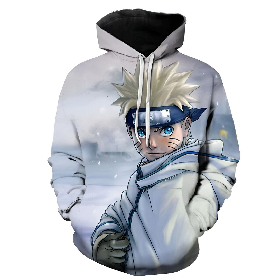 Sweat-shirt à capuche avec un motif de Naruto Uzumaki, un personnage de l'anime Naruto, avec un fond de neige.