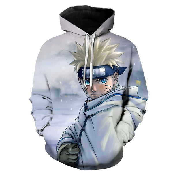 Sweat-shirt à capuche avec un motif de Naruto Uzumaki, un personnage de l'anime Naruto, avec un fond de neige.