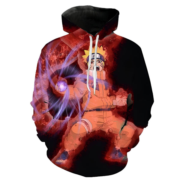 Sweat à capuche Naruto avec une impression 3D représentant Naruto Uzumaki utilisant le Rasengan. Le sweat est noir avec un design rouge et orange vif.