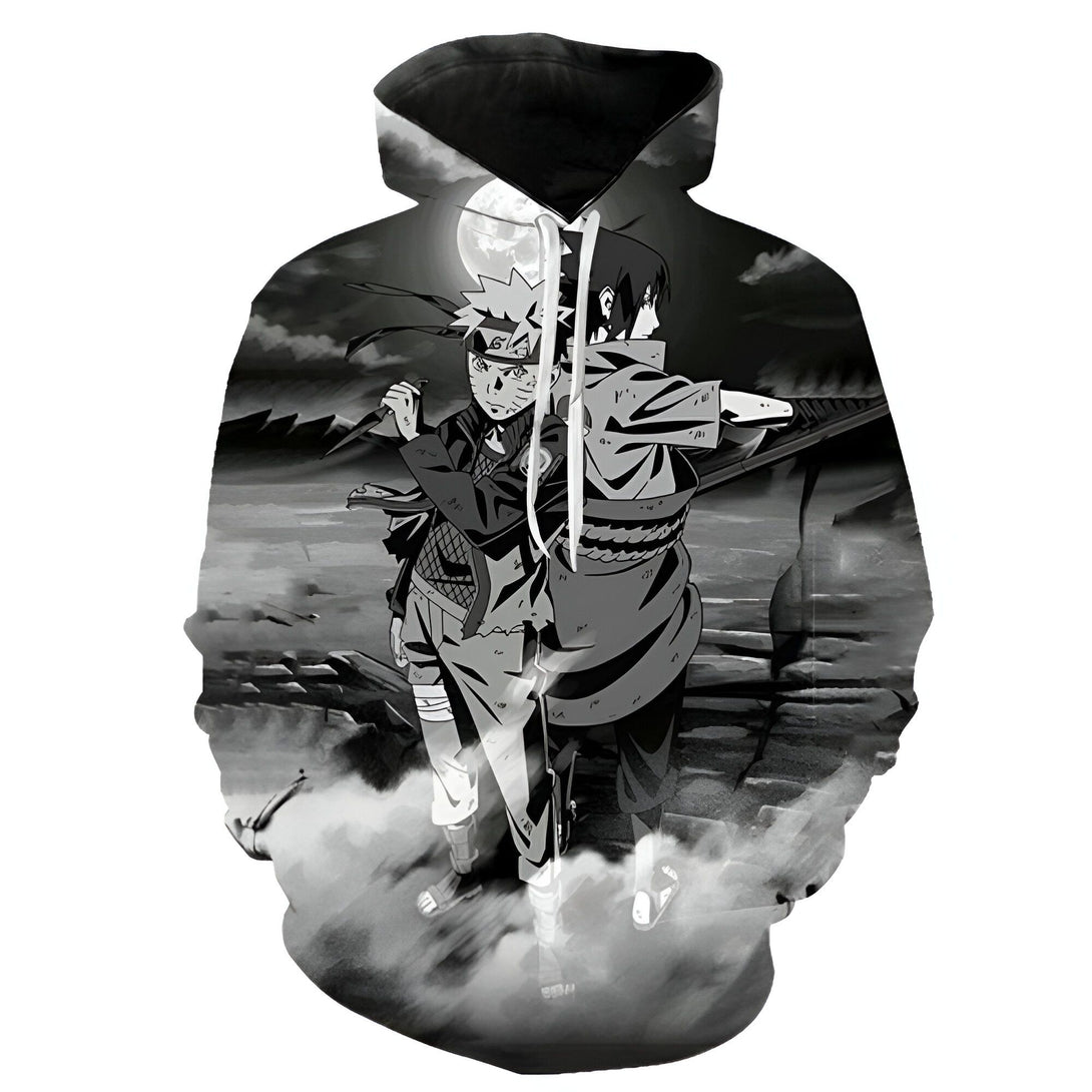 Sweat à capuche noir avec un motif en noir et blanc représentant Naruto et Sasuke sous un clair de lune.
