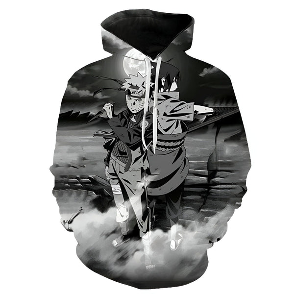 Sweat à capuche noir avec un motif en noir et blanc représentant Naruto et Sasuke sous un clair de lune.