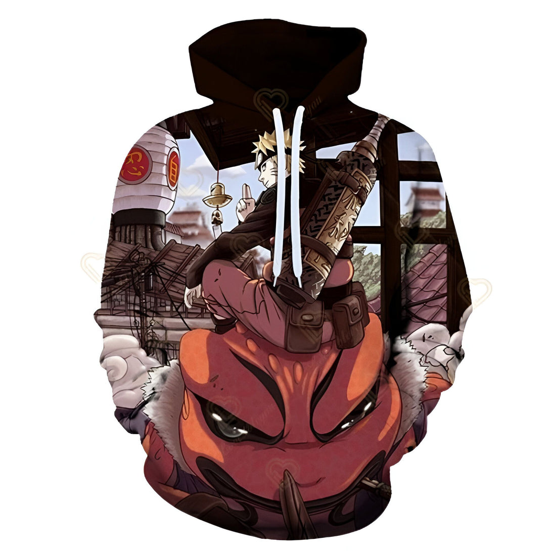 Sweat-shirt à capuche Naruto avec un imprimé du personnage principal, Naruto Uzumaki, sur le dos, monté sur le dos de Gamabunta, la grosse grenouille.  Le sweat est noir avec une capuche noire.  L'impression est colorée et détaillée, avec des couleurs vives et des détails précis.