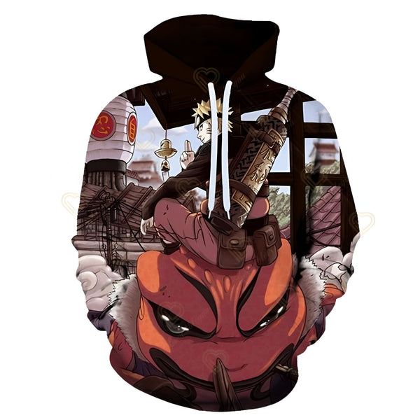Sweat-shirt à capuche Naruto avec un imprimé du personnage principal, Naruto Uzumaki, sur le dos, monté sur le dos de Gamabunta, la grosse grenouille.  Le sweat est noir avec une capuche noire.  L'impression est colorée et détaillée, avec des couleurs vives et des détails précis.